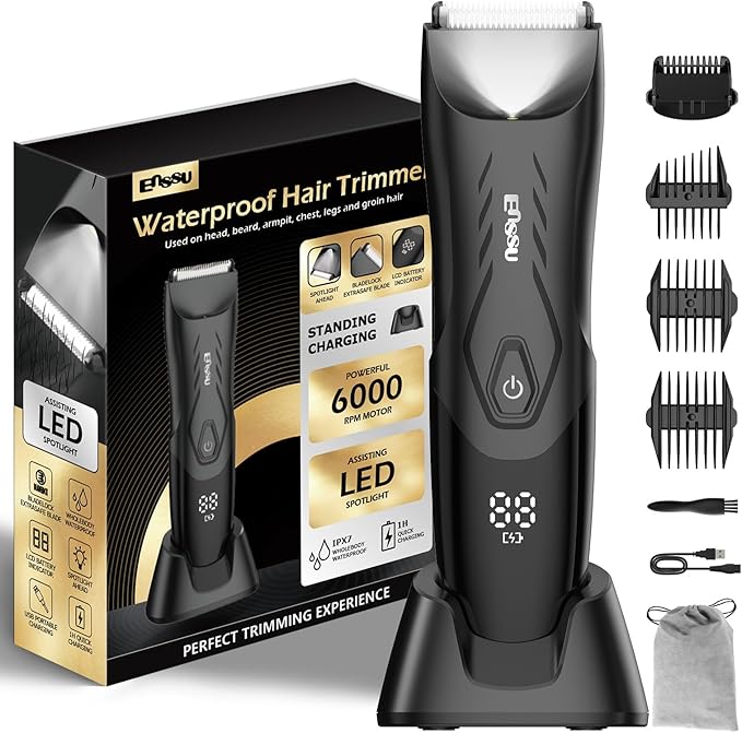 Manscape Body Hair Trimmer for Men, Pubic Groin Hair Trimmer for Men with Safe Blade, Cordless Ball Shaver w/Light, Charging Dock, Waterproof Body Groomer, LED Display, 1H Charge,Black