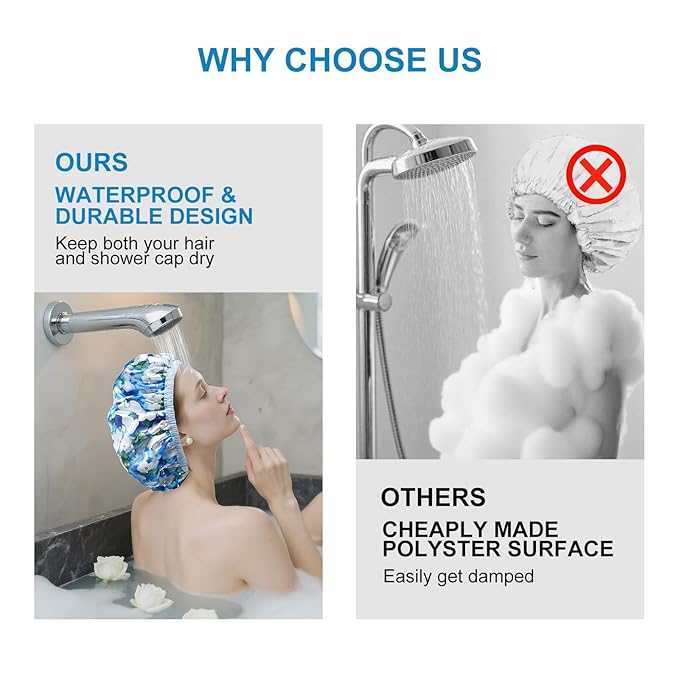 Upgraded Waterproof Terry Shower Caps, Reusable Shower Cap for Women with Long Hair, Soft Absorbent Hair-Protecting Towel Lining Bath Cap, Large Leak-Proof Hair Cap with Fashionable Print Outer-Blue