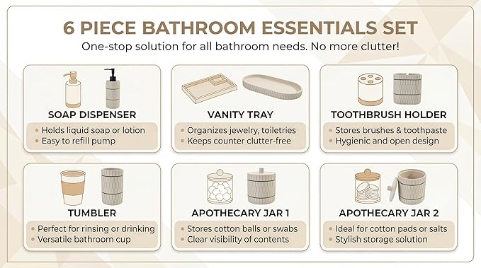 Bathroom Accessory Set, 6 Piece Bathroom Essentials Sets Accessories, Soap Dispenser Set, Toothbrush Holder, Vanity Tray, Tumbler, Cotton Swab Jars, Decor Organizer for Modern Bathrooms(Beige)