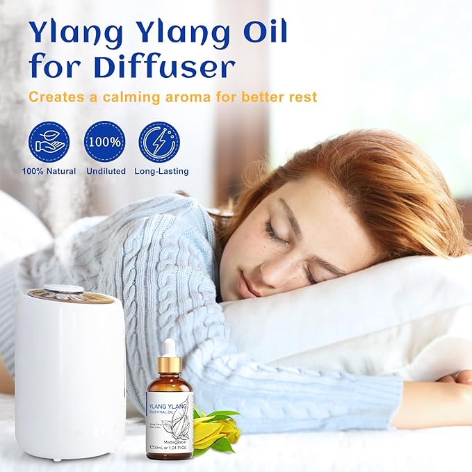HIQILI Ylang-Ylang Essential Oil, Long-Lasting Scent for Diffusers, Perfumes, Aromatherapy, DIY - 1.01 Fl Oz