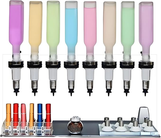 Professional Manual Perfume Dispenser, Liquid Filling Machine Transfer Tools,Manual Dispenser Set, Adjustable Pump Heads & Testing Cups for Shops & Lab & Bars(8 Heads)