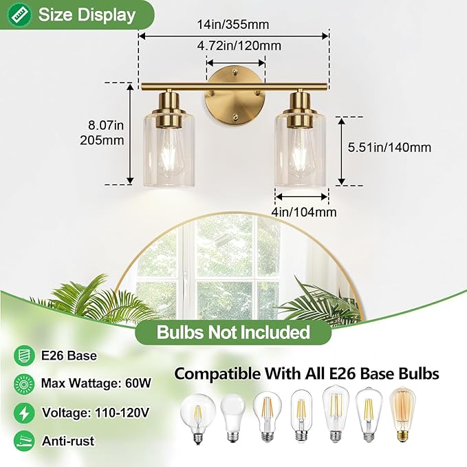 2-Light Bathroom Light Fixtures, Brushed Gold Vanity Light, Modern Vanity Lights with Clear Glass Shade, Bathroom Wall Lamp for Mirror Kitchen Living Room Hallway Cabinet Porch