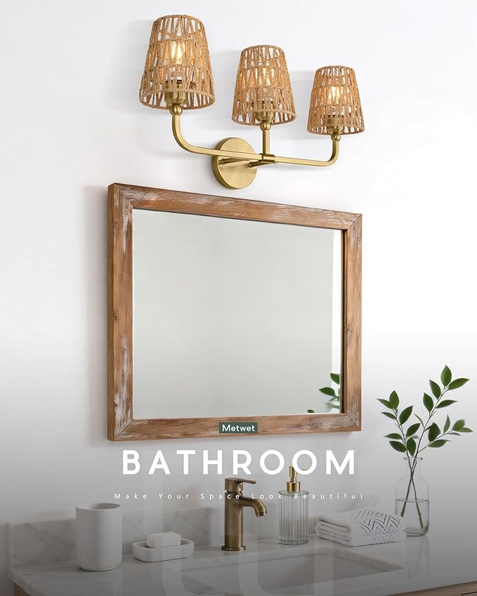 3-Light Bathroom Light Fixtures, Brushed Gold Rattan Vanity Lights with Flared Handwoven Shade, Boho Wall Sconce, Farmhouse Sconces Wall Lighting for Hallway Bedroom, VL837-BG-RA-3