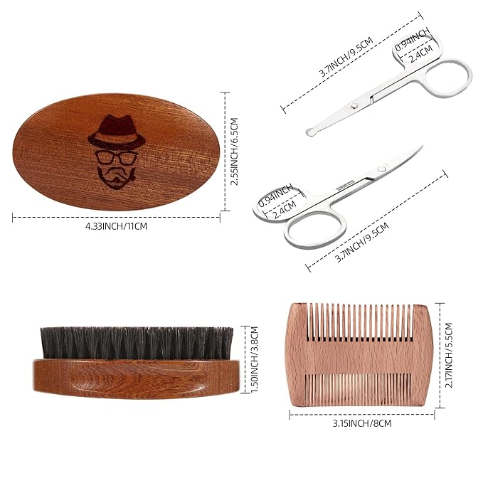 Walnut Wood Grooming Set for Men: Boar Bristle Brush, Beard Comb, Mustache Scissors, and Travel Bag
