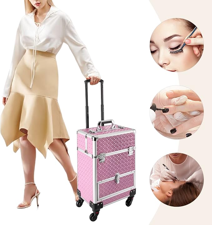 3in1 Rolling Makeup Train Case,Aluminum Trolley Case with 360° Rotation Wheels for Professional Salon Barber Traveling Cart Trunk Cosmetic Beauty Storage (Pink 18.5in)