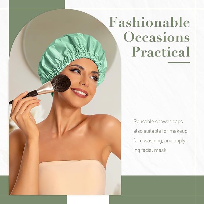 Reusable Shower Cap for Women, Large Waterproof Shower Essentials Bonnet Washable Elastic Band Bath Hair Wrap Hat for Long Hair, Braids(Green Bean)
