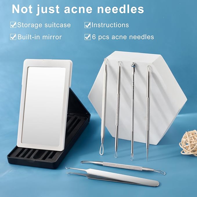 Pimple Extractor Tools, 6-PCS Professional Stainless Steel Blackheads, Whiteheads, Pimples, Boils, Stray Hairs Remover Tools Set with Mirror and Product User Manual, 18-Month Replacement Warranty！