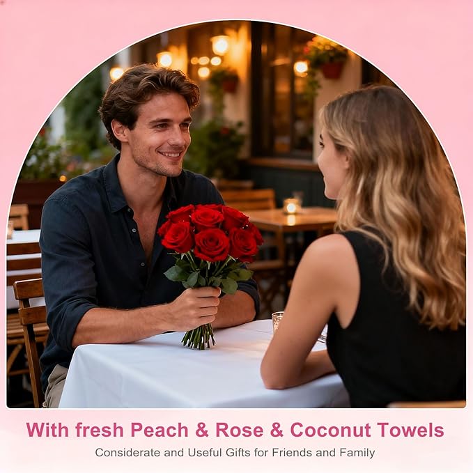 Moist Cotton Towel Bulk Moist Towelettes Individually Wrapped 8.7" x 8.7",White Towel Services,Refreshment Pre Moistened Towels Peach,Rose and Coconut for Sport Party Spa(Pack of 60)