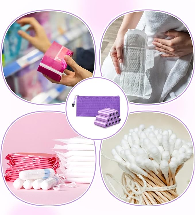146Pcs Disposal Sanitary Napkin Bags, Purple Feminine Privacy Protection Sanitary Tampons Menstrual Liners Bag, Personal Disposal Hygiene Period Diapers Bag for Women (144pcs with 2pcs Zipper Bags)