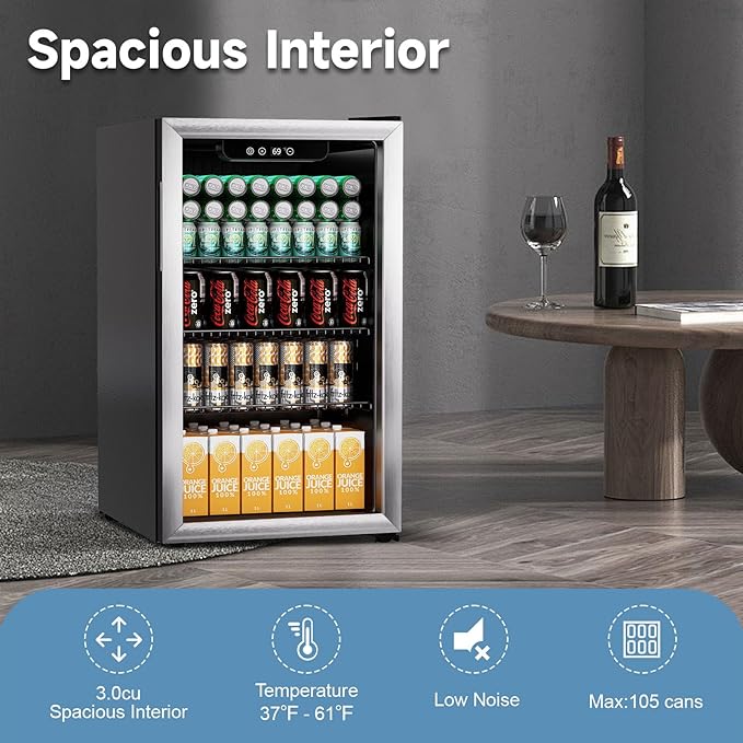 Beverage Refrigerator Cooler, 105 Can Mini Fridge Glass Door for Drinks Soda, Beer, or Wine - Small Refrigerator for Office Bedroom Home Bar, Adjustable Shelves, 3.0 Cu.Ft, Silver