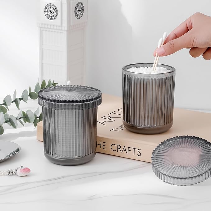 rejomiik Glass Qtip Holder Dispenser, Bathroom Canister Apothecary Jars with Lids, Vanity Makeup Accessories Storage Organizer for Cotton Swabs, Cotton Balls, Pads, Floss Picks, Gray