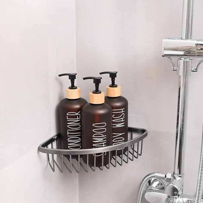 MOMEEMO Amber Shower Dispenser Set, Contains 3 Extra-Thick PET Plastic Bottles with Bamboo Pumps, Shampoo and Conditioner Dispenser for Shower Perfect for Modern Bathroom Decor. (Amber)