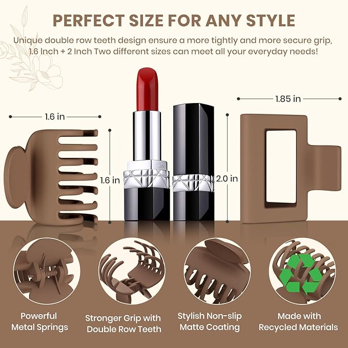 8 PCS Medium Hair Clips for Women Girls - 2 Styles Rectangle and Double Row Teeth Small Claw Clips for Thin Thick Hair, Matte Non-slip Strong Hold Jaw Clips Hair Accessories, Chic Colors
