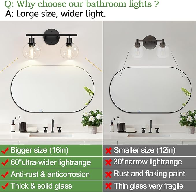 2-Light Bathroom Vanity Light, Matte Black Bathroom Light Fixture Over Mirror with Clear Glass Globe Shades, Modern Farmhouse Wall Sconce for Bathroom, Kitchen, Bedroom, Hallway