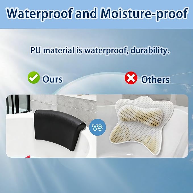 Bath Pillow, Bath Pillows for Tub with Head, Neck and Shoulder Support, Ergonomic Waterproof Bathtub Pillow with Strong Non-Slip Suction Cups, Relaxing Spa, Hot Tubs, Bathroom Essentials Black