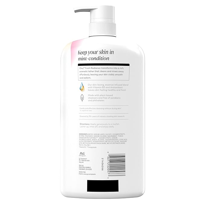 Olay Body Wash for Women, Fresh Radiance, 24/7 Skin-Loving Freshness, Visibly Radiant, Plant Based Cleansers, Vitamin B3 & Antioxidant Blend, For All Skin Types, Strawberry & Mint Scent, 29 fl oz