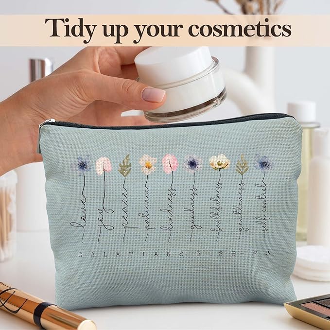 Christian Gifts Makeup Bag, Floral Christian Cosmetic Bags for Women, Galatians 5:22-23 Bible Verse Makeup Pouch, Faith Based Gifts Zipper Pouch(blue)