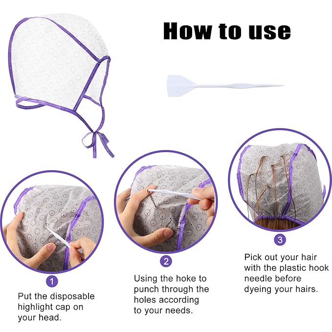 6 Pieces Highlighting Cap Hair Frosting Cap Highlight for Dye Color with Plastic Hooks Hair Coloring Salon Hairdressing Tool Kit Supplies(Purple)