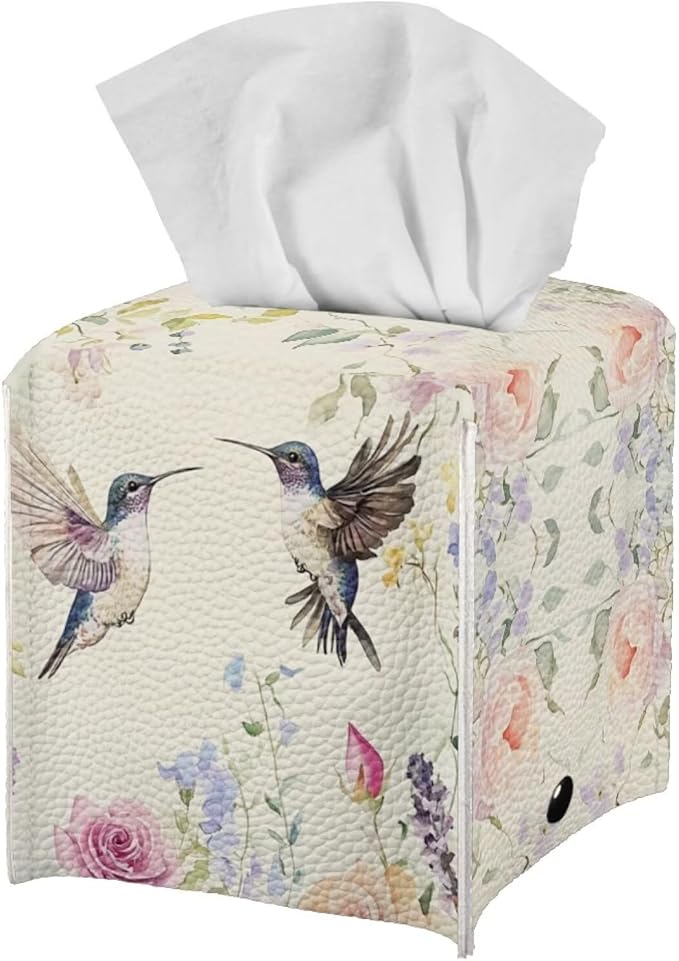 Bird Flowers Minimalist Tissue Box Holder, Square PU Leather Napkin Organizer with Secure Metal Button, Waterproof and Stain-Resistant Tissue Cover for Home, Kitchen, and Automotive Use
