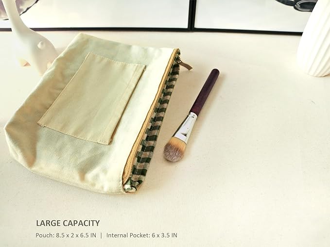 HAPPYHEIDI Large Cute Green Checker Makeup Bag with Compartment Cosmetic Travel Pouch, Nylon Fabric, Purse Organizer, Canvas Lined, Beige Plaid