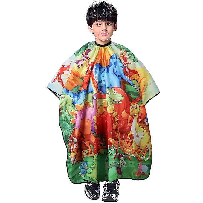 DOKKIA Barber Hair Cutting Cape Kids Children Toddler Boys Girls Hairdressing Salon Styling Cloth Apron Cover Gown with Neck Duster Brush Green Dino Dinosaur World