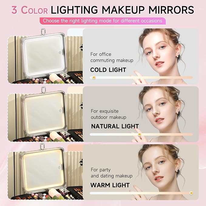 Leeora&Leekoo Makeup Box with Lighted Mirror,Portable Makeup Train Case Organizer (Pink1)