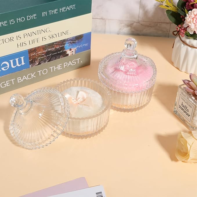 6 PCS Large Body Powder Puff and Container, 2 Pack 5.3" Body Powder Container with 4 Powder Puff,Washable Large Body Powder Puff Dish,Powder Puff Crystal Container,Soft Velour Face Body Powder Puff