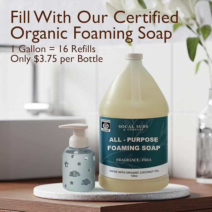 SoCal Suds & Company Foaming Hand Soap Dispenser Glass, Liquid Soap Pump with Cloud & Star Sleeve, Refillable Bottle for Kids, Baby Wash & Shampoo, Ideal for Bathroom & Kitchen Use, Light Grey, 8oz