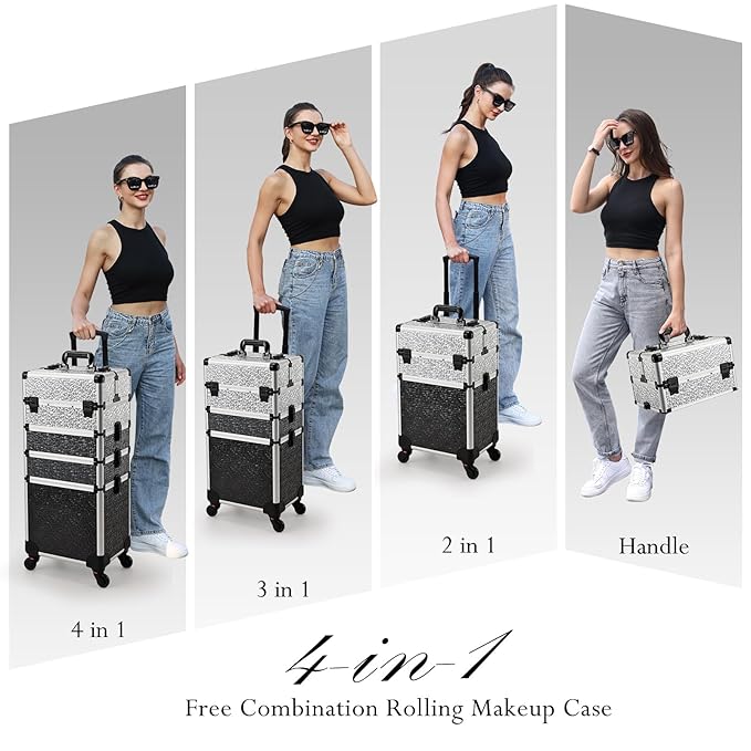 Stagiant Rolling Makeup Train Case Cosmetology Case on Wheels 4 in 1 Large Cosmetic Case with Wheels Makeup Travel Case with Keys Nail Kits Organizer Artist Salon Storage Traveling Cart Trunk Tricolor