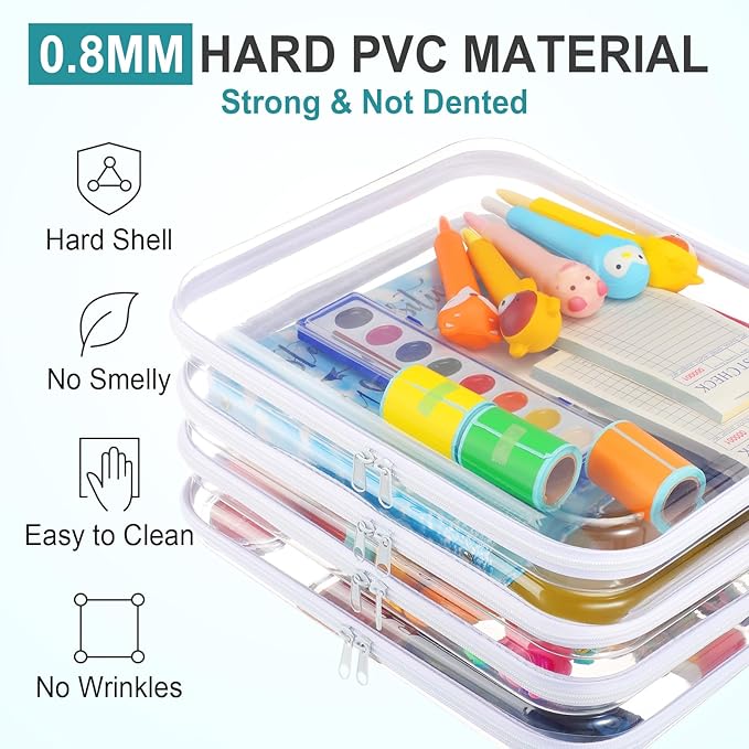 Hoolerry 4 Pcs Hard Clear Zipper Case Makeup Bags Plastic Zipper Pouch Transparent Storage Box Containers for Cosmetics, Snacks, Building Blocks, Puzzles(Clear,13.8 x 11.8 x 2 in,White)