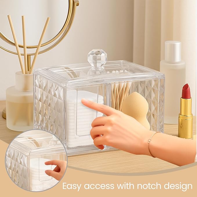 Cotton Swab Holder - Compact Bathroom Canister with Lid and 3 Compartments for Organizing Cotton Ball, Swab, Pad - Acrylic Bathroom Jar Compatible with Q Tips Cotton Swab