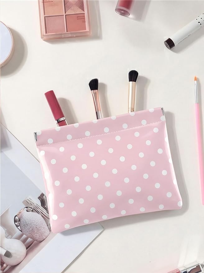Dots Leather Makeup Pouch Set for Women Small Make Up Bag for Purse Waterproof Initial Makeup Cosmetic Bags Pouches for Purse Aesthetic Travel Toiletry Bag,Pink White