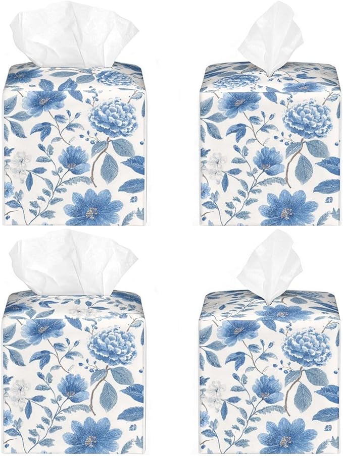 Floral Tissue Box Cover Blue Leather Tissue Box Holder Square Facial Paper Organizer Dispenser for Bathroom Kitchen Bedroom Vanity Countertop Night Stands