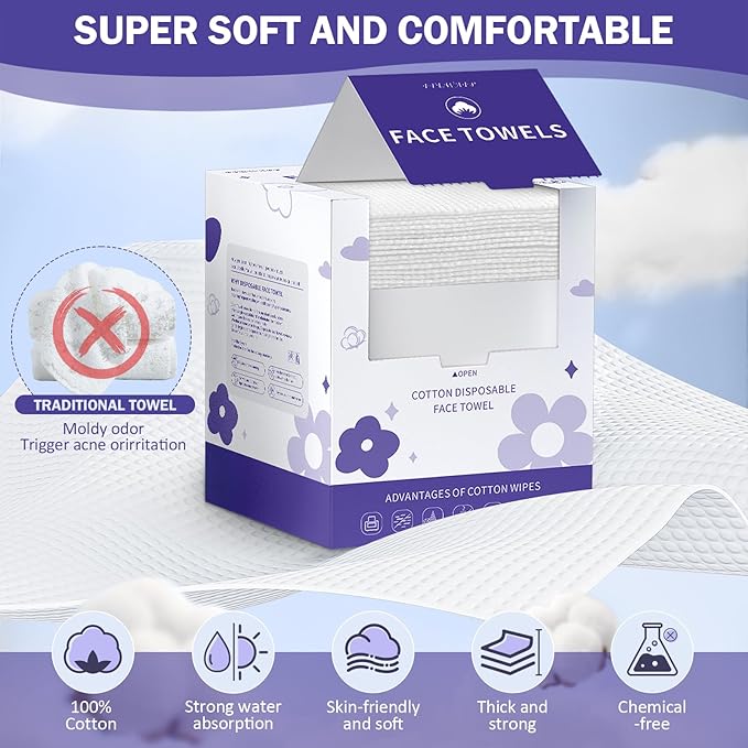 Face Towels, Disposable Face Towelette, Makeup Remover Dry Wipes 50 Count, Soft Cotton Dry Wipes Facial Cloths Towelettes for Washing and Drying, Facial Tissue for Cleansing, Skincare
