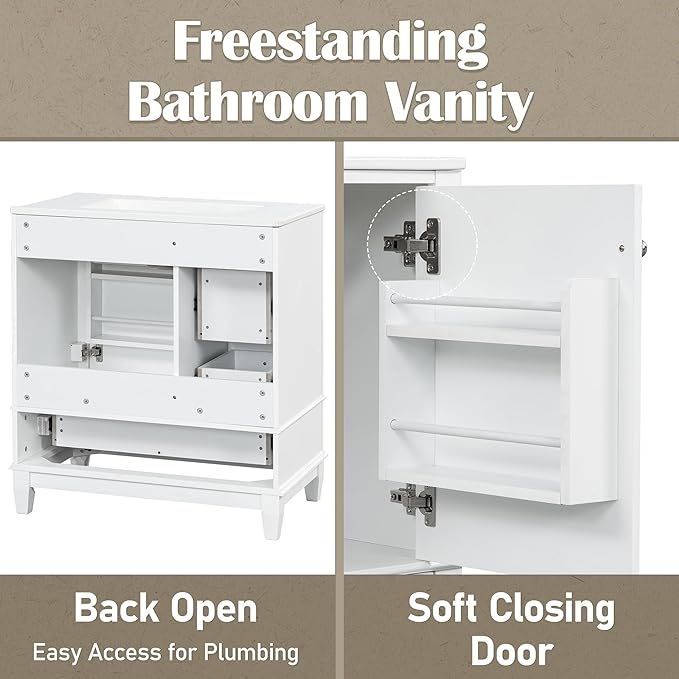 30" Bathroom Vanity with Sink, Harper & Bright Designs Free Standing Single Vanity Set with 3 Drawers and One Door with Storage Racks, Solid Wood Storage Cabinet with Ceramic Basin for Bathroom, White