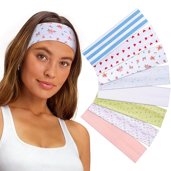 8 Pack Headbands for Women Non Slip - Stylish Sports Hair Bands for Women's Hair - Soft Cotton Cloth Stretchy Headbands for Women for Yoga, Outdoor Exercise Running