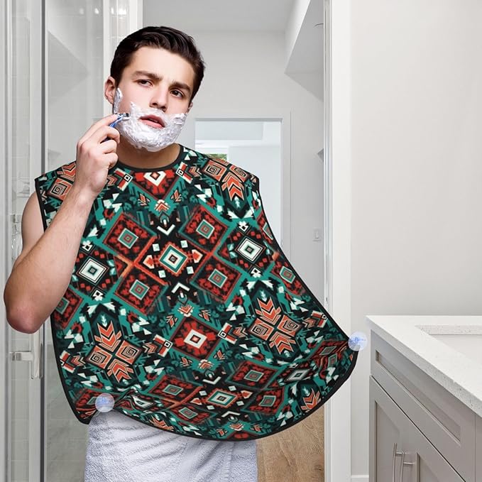 Beard Hair Catcher Bib, Waterproof Non-Stick Grooming Apron for Shaving Trimming, Perfect for Men Dad, Ethnic Aztec Geometric Indiana Western Southwest Pattern Shave Bib
