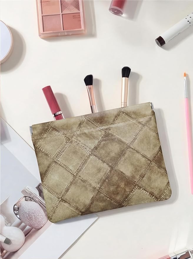 Denim Brown PU Leather Makeup Pouch Set for Women Small Checkered Make Up Bag for Purse Waterproof Initial Makeup Cosmetic Bags Pouches for Purse Aesthetic Travel Toiletry Bag,