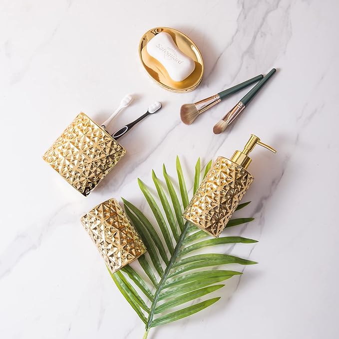 Gold Bathroom Accessory Sets 4 Piece Ceramic Gift Set Apartment Necessities,Includes Soap Dispenser, Toothbrush Holder, Toothbrush Cup, Soap Dish for Decorative Countertop Housewarming Gift