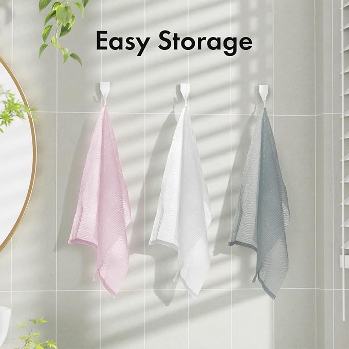 Exfoliating Washcloth, Nylon Bath Towel Body Scrubber with Hanging Strap, Back Scrubber for Shower Japanese Washcloth Loofah - Deep Clean & Rich Lather (Pink & White & Grey, Pack of 3)