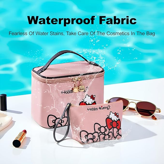 Vimanllie Travel Makeup Bag Large Cosmetic Bags with Brush Holder,Pink Waterproof 2PCS Portable Cosmetic Case for Women,Toiletry Bag for Skincare&Beauty Tools for Her