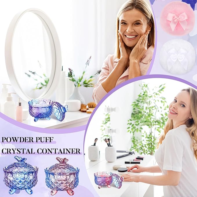 Tioncy 4 Pcs Large Body Powder Puff and Container Extra Large Body Powder Puff Dish Soft Washable Reusable Fluffy Makeup Sponge Wet Dry(Butterfly,Purple and Blue)