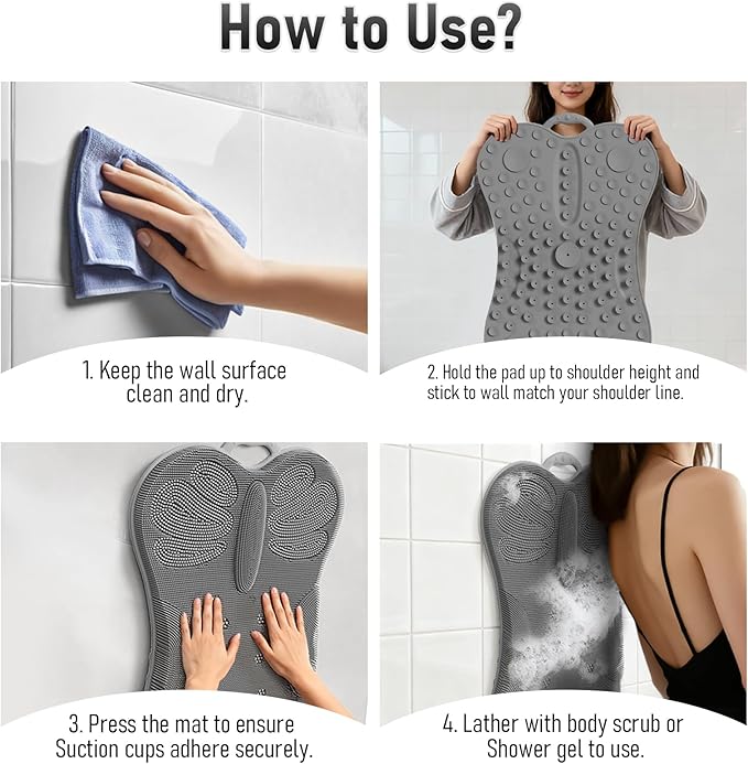 Back Scrubber Body Bath Cushion Tub Bathtub Back Lumbar Support Ergonomic Silicone XL Thick Soft Seat Pad Non-Slip Suction Cups Relaxing Spa Mat Exfloating Scrubbing Shower 28 x 19 Grey