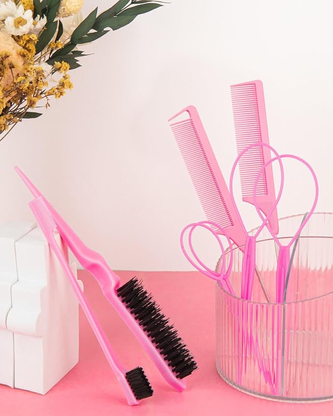 Aigee 8Pcs Hair Styling Combs Set Include 4Pcs Topsy Hair Tail Tools 2 Styles of Rat Tail Comb,1Pcs Bristle Teasing Slick Back hair Brush,1Pcs Edge Control Brush,Eyebrow Brush for Woman Girl Pink