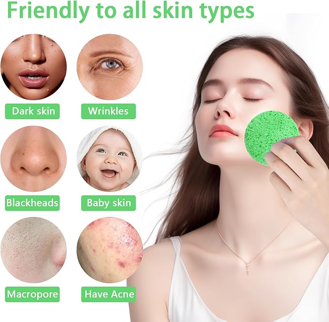 50-Count Large Compressed Facial Sponges for Estheticians, Daily Cleansing and Gentle Exfoliating- 100% Natural Cellulose Spa Sponge Perfect for Removing Dead Skin, Dirt and Makeup (Round 2.95",Green)