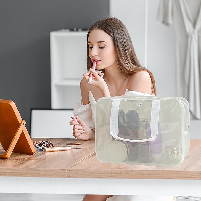 PVC Clear Pure Color Transparent Large Zipper Cosmetic Pouch Travel Makeup Cosmetic Bag with Handle for Travel Bathroom Toiletry Organizer (A23014-101-44)