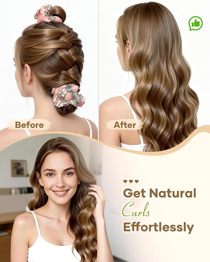 BONNET QUEEN Satin Heatless Hair Curler, Overnight Curls for Long Hair, ultra soft Heatless Curling Rod & 2 Scrunchies,Damage-Free Styling, Soft Hair Curlers for Overnight Use(Pink Print)
