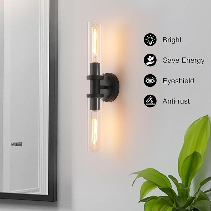 Wall Sconces Set of Two,Matte Black Bathroom Sconces Wall Lighting with Clear Glass, Modern Sconces Wall Decor Set of 2 Wall Light fixtures for Bathroom Mirror Living Room Hallway Bedroom Wall Lamp