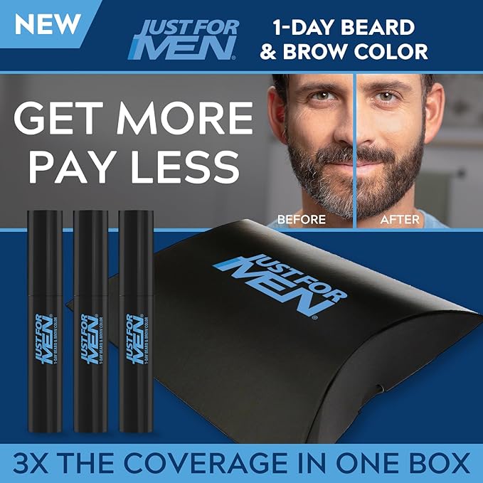 Just for Men 1-Day Beard & Brow Color, Temporary Color for Beard and Eyebrows, For a Fuller, Well-Defined Look, Up to 30 Applications, Darkest Brown/Black, Ships in Eco-Friendly Packaging (Pack of 3)