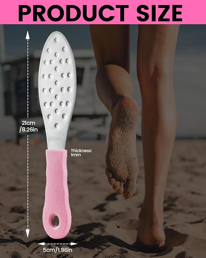 BEZOX Slim Metal Foot File Callus Remover(1 PCS) – Double-Sided Foot Scrubber for Cracked Heels & Dead Skin, Portable Pedicure Tool with Non-Slip Handle, Travel-Friendly Foot Care Essential - Pink